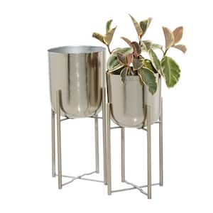 22 in., and 19 in. Large Silver Metal Indoor Outdoor Deep Recessed Dome Planter with Removable Stand (2- Pack)