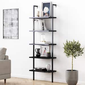 Theo 73 in. Black Wood 5-Shelf Ladder Bookcase with Matte Black Metal Frame