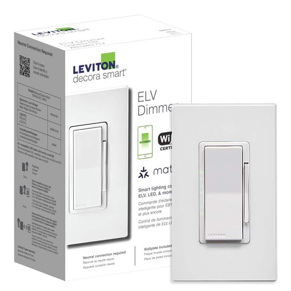 Leviton Decora Smart ELV/LED, Phase Selectable Rocker Dimmer Switch, Wi-Fi 2nd Gen, Neutral Wire Required, White D2ELV-1BW
