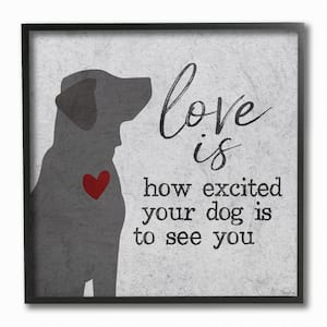 "Love is How Excited Your Dog is Quote Hearts Grey Red" by Gigi Louise Framed Typography Wall Art Print 12 in. x 12 in.