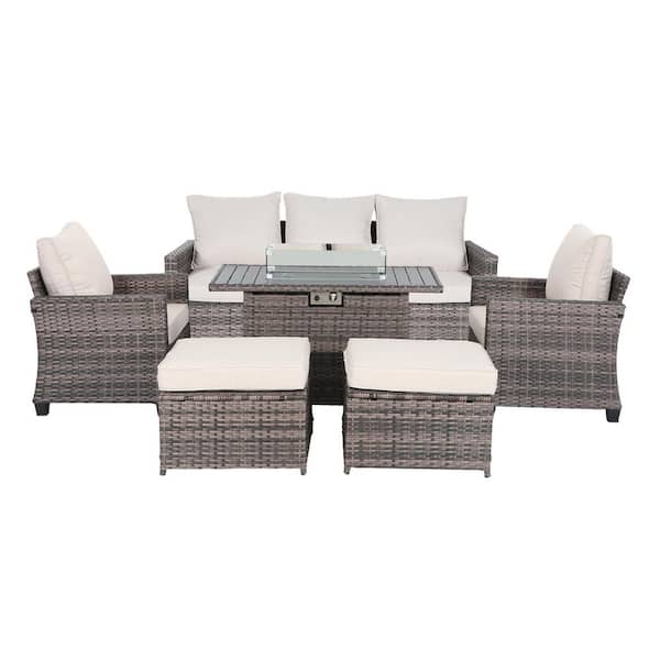 6-Piece Outdoor Wicker Patio Furniture Set with Firepit and Beige Cushions