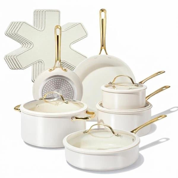 15-Piece Ceramic Nonstick Cookware Set with Stainless Steel Handles, Oven Safe, Cream White Light Gold