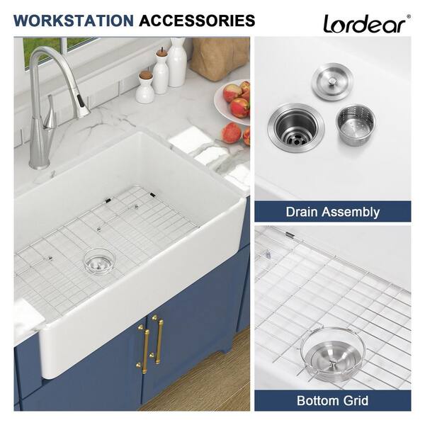 Fireclay 33 in. Single Bowl Apron-Front Farmhouse Kitchen Sink with Grid and Drain Assembly Fireclay 33 in. Single Bowl Apron-Front Farmhouse Kitchen Sink with Grid and Drain Assembly