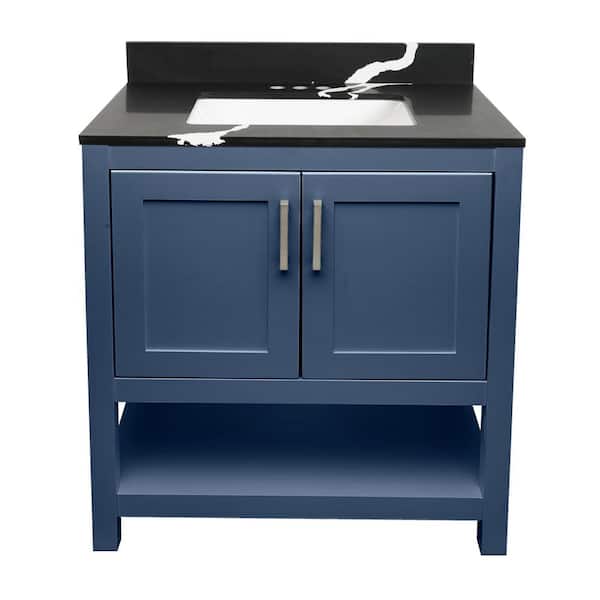 Ella Taos 31 in. W x 22 in. D x 36 in. H Bath Vanity in Navy Blue with Calacatta Black Quartz Stone Top with White Basin