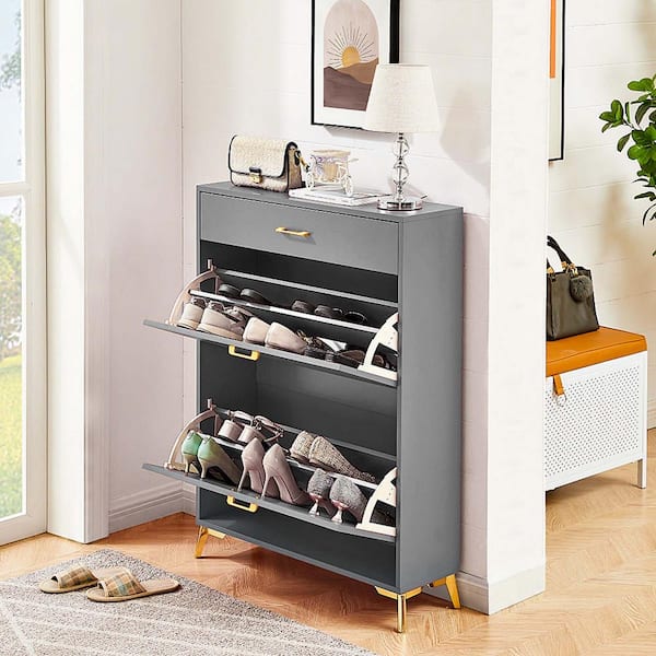 32 in. W x 10 in. D x 43 in. H Gray Linen Cabinet Shoe Storage