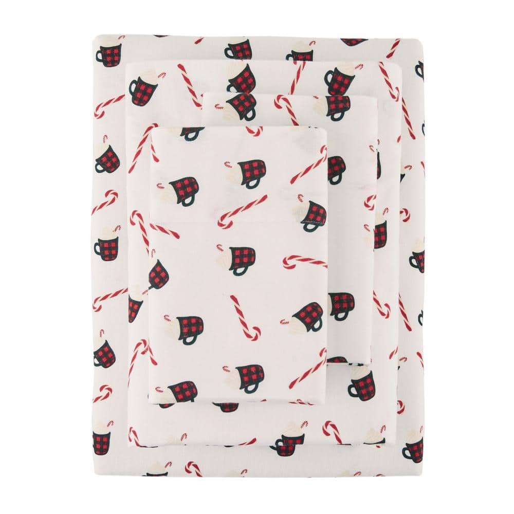 4-Piece Hot Cocoa and Candy Canes Cotton Flannel Queen Sheet Set