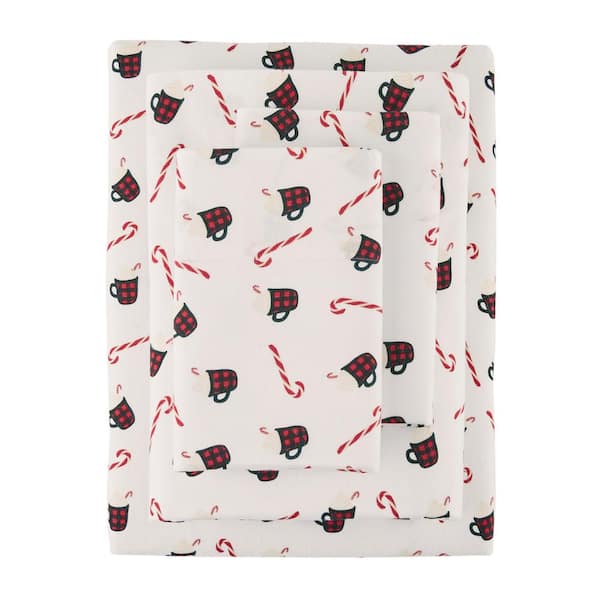 Home Decorators Collection 4-Piece Hot Cocoa and Candy Canes Cotton Flannel Queen Sheet Set