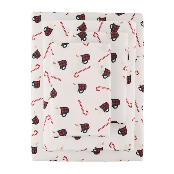 Home Decorators Collection 3-Piece Hot Cocoa and Candy Canes Cotton Flannel Twin Sheet Set