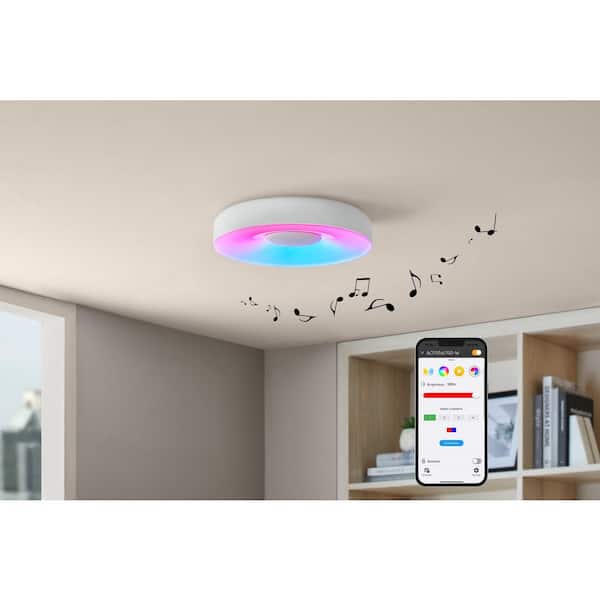 13 in. White Smart Gradient Light Flush Mount with Bluetooth Speaker Powered by Hubspace