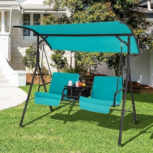 2-Person Canopy Metal Porch Swing Padded Chair Cooler Bag Rotatable Tray Turquoise