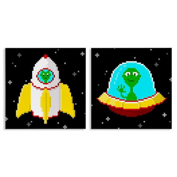 Stupell Industries Pixel Alien Spaceships by June Erica Vess 2-Pieces Unframed Fantasy Graphic Art Print 17 in. x 17 in.