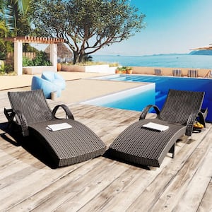 2-Piece Wicker Outdoor Dark Brown Chaise Lounge, Patio Rattan Reclining Chair, Pull-out Side Table, Pool Sunbathing