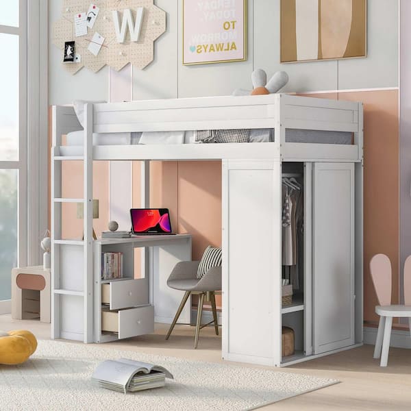 Polibi Wood Twin Size Loft Bed with Wardrobes and 2-Drawer Desk with Cabinet, White