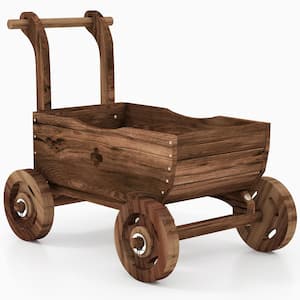 Wooden Wagon Planter Box Decorative Garden Planter with Wheels Handle Drain Hole Rustic Wooden Flower Planter