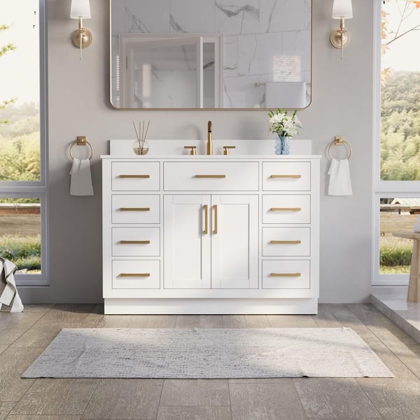 48 in. Single Sink Freestanding Solid Wood Bath Vanity in White with White Quartz Top, Soft-Close, Full Assembled