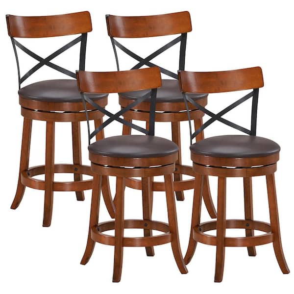 Costway Patio 38.5 in Brown Walnut Bar Dining Bar Chairs with Rubber Wood Legs (Set of 4)