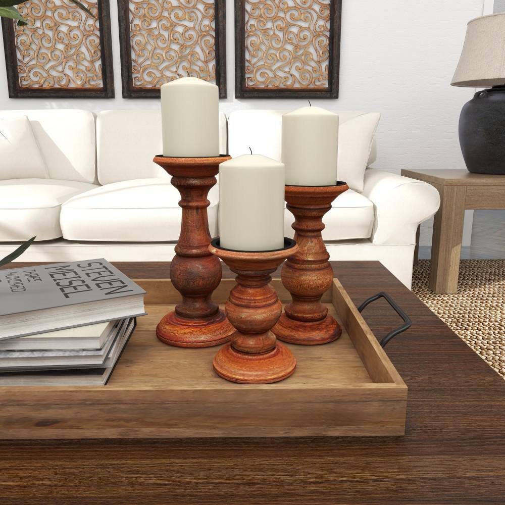 Elegant Rustic Mango Wood Pillar Candle Lantern Trio, Brown Finish