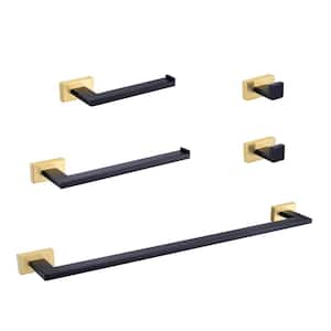 5-Piece Bath Hardware Set with 2 Robe Hooks 24 in. and 12 in. Towel Bar, Tissue Holder in Black Gold
