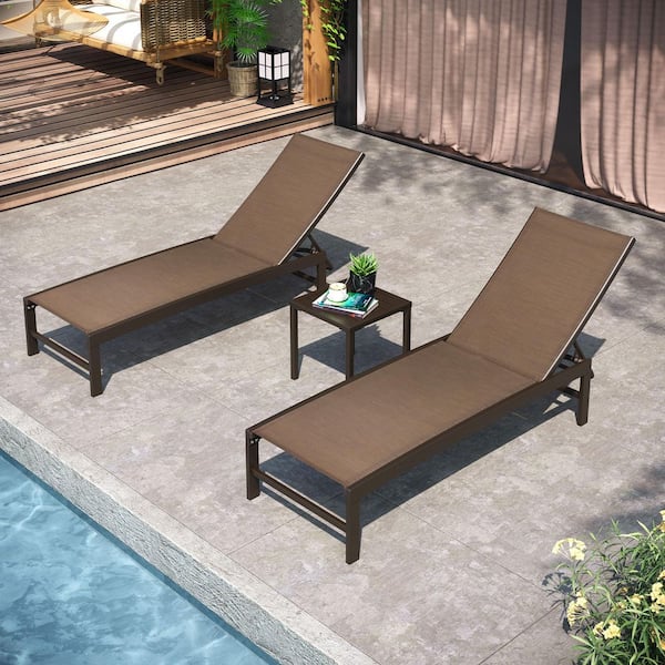 3-Piece Aluminum Adjustable Outdoor Chaise Lounge in Brown with Aluminum Table Set