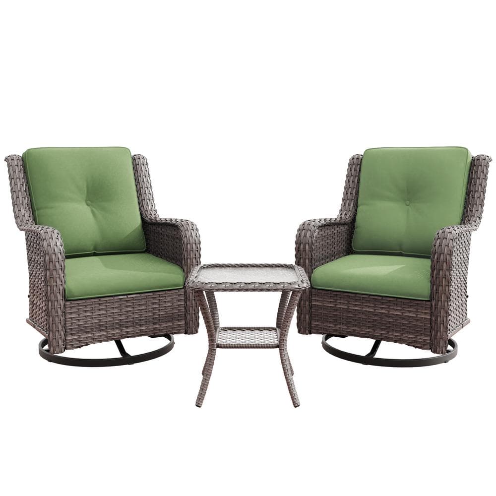 Green Cushioned Wicker Swivel Rocking Chair Set with Table