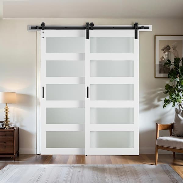 72 in. x 84 in. Bypass 5-Lite Frosted Glass White Prefinished MDF Interior Double Sliding Barn Door with Hardware Kit