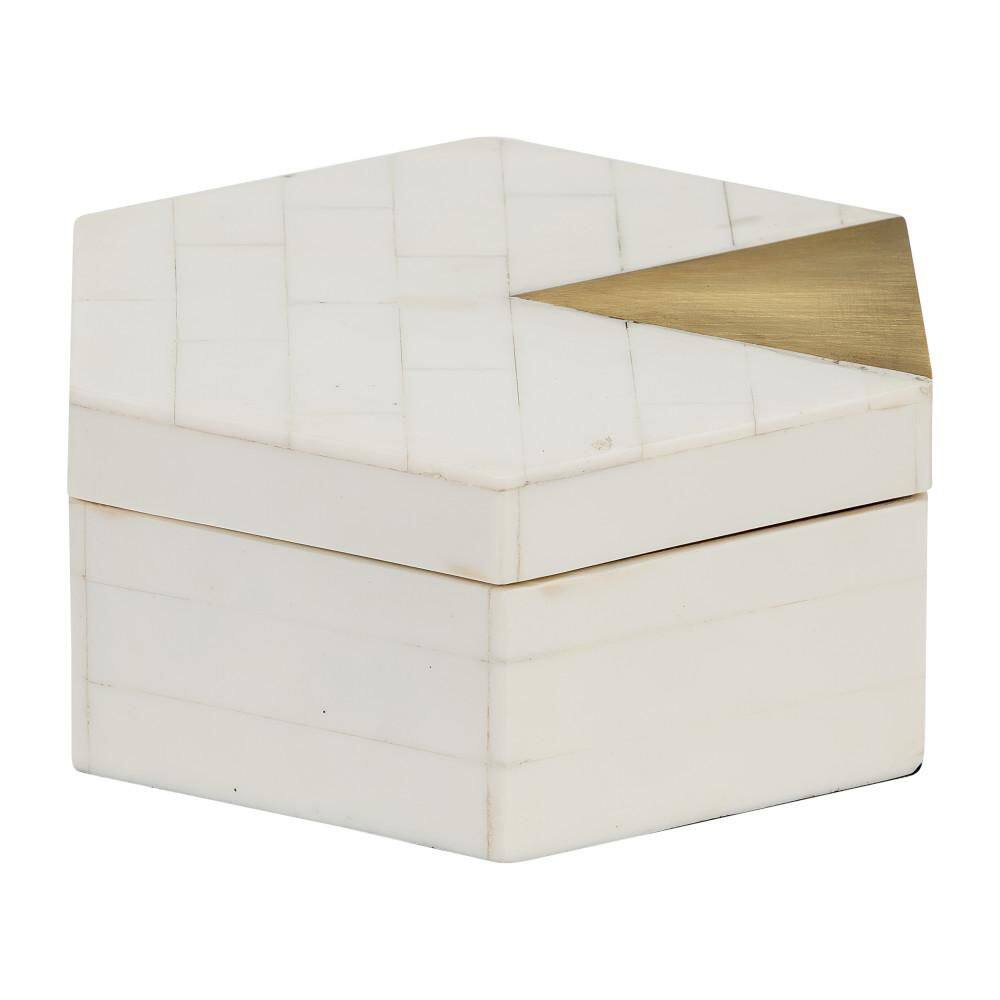 White and Gold Hexagon Resin Decorative Boxes with Brass Inlay, Set of 2