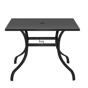 Black Steel Outdoor Dining Table 36.42 in. Patio Square Dining Table with Umbrella Hole for Deck Lawn Garden