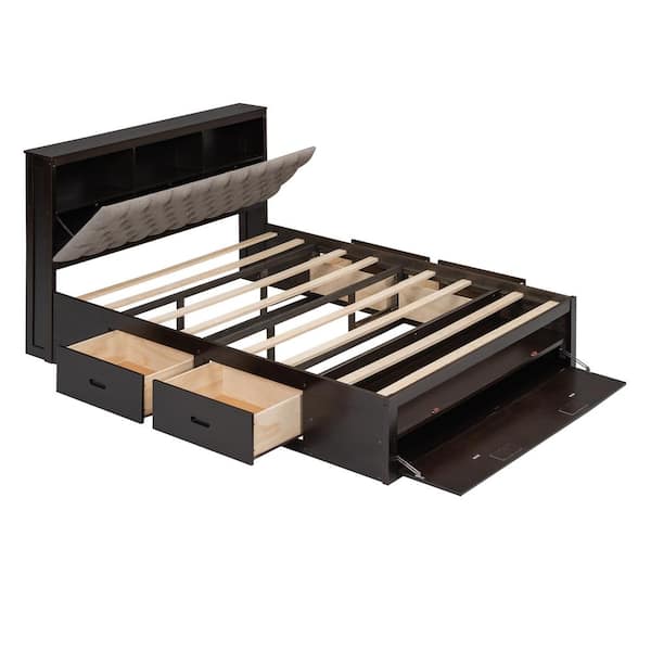 Espresso Brown Wood Frame Queen Platform Bed with Storage Headboard, Shoe Rack and Drawers