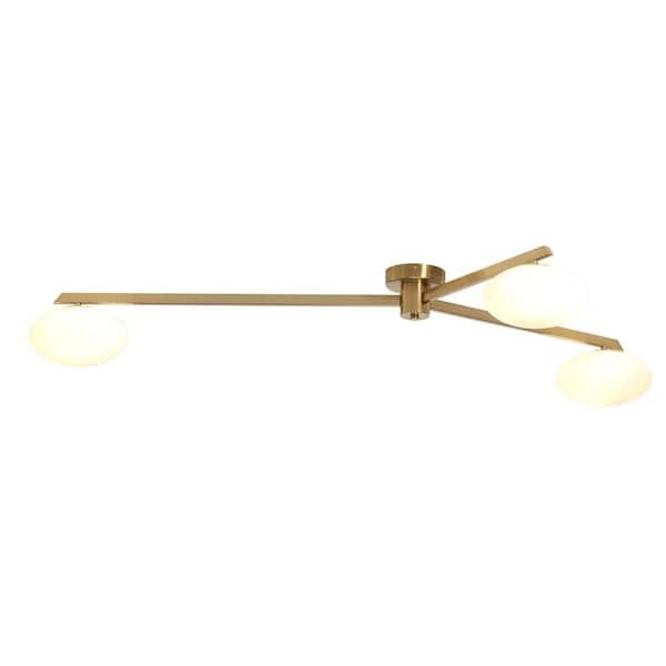 55 In. 3-Light Brass Chandelier Semi-Flush Mount with White Glass Shade, G9 Bulb Base