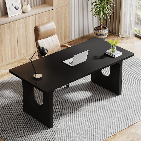 BYBLIGHT Lanita 70.9 in. Rectangular Black Engineered Wood Executive Desk with Wood Pedestal Base, Computer Desk for Home Office