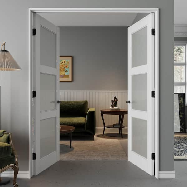 72 in. x 80 in. 3-Lite Frosted Glass White Solid Core Finished Glass Prehung French Door with Quick Assemble Jamb