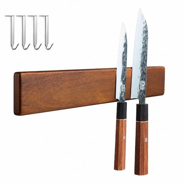 Magnetic Knife Holder for Wall, 16 in. Acacia Wood Knife Strip with 4 Hooks, No Drilling or Screw Mount