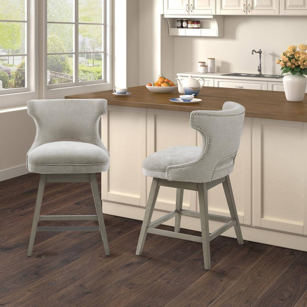 Light Grey Swivel Counter Stool with Wood Legs