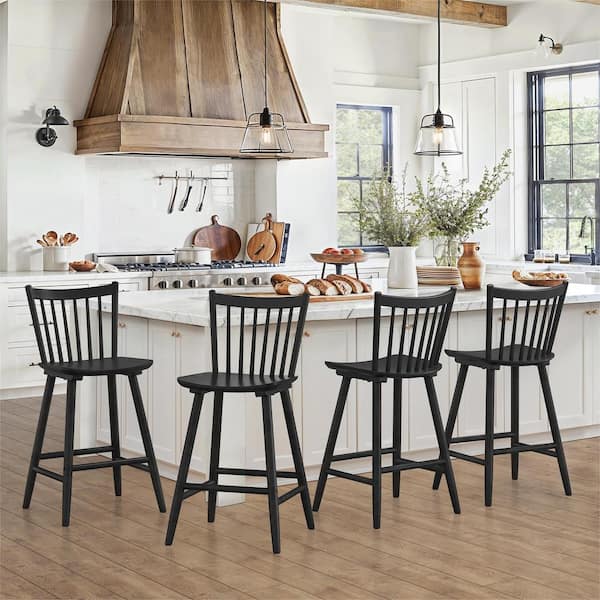 LUE BONA Winston 24 in. Black Windsor Barstool Wooden Farmhouse Spindle Back Counter Height Stool for Kitchen Island (Set of 4)