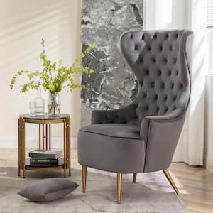 Gray Velvet Wingback Chair with Tufted Cushions (Set of 1)