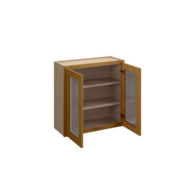 Aberdeen Recessed 30 in. W x 36 in. H x 12 in. D in Caramel Plywood Assembled Frosted Glass Wall