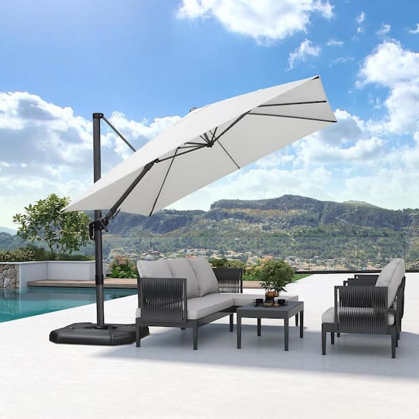 PURPLE LEAF 10 ft. Square Cantilever Patio Umbrella Swivel Aluminum Offset 360° Rotation Umbrella with Base, White