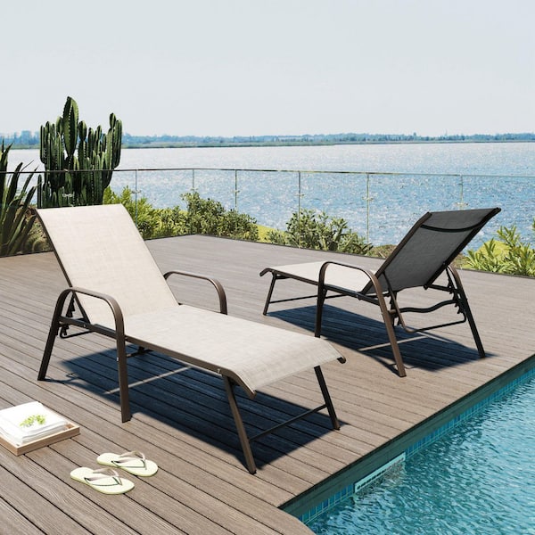 All-Weather Aluminum 2-Piece Outdoor Chaise Lounge with 6-Position Adjustable Metal Backrest and Armrests in Beige