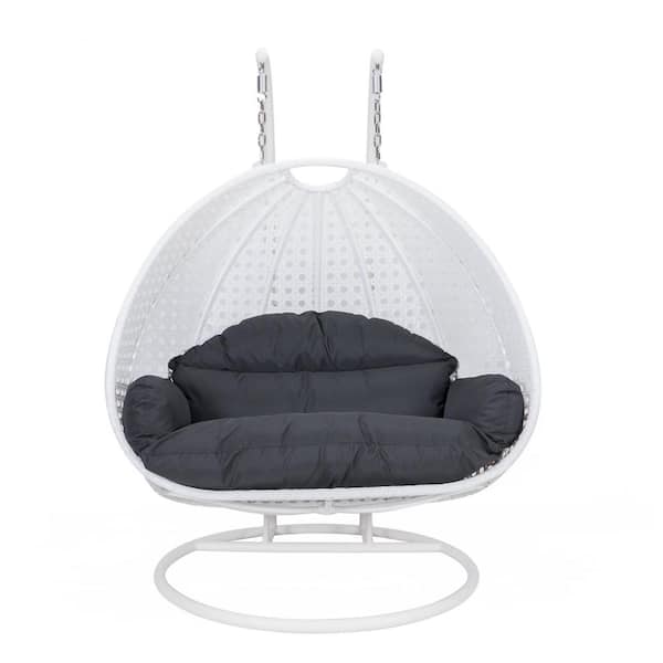 Leisuremod 2-Person Egg Swing Chair White Wicker Outdoor Patio Hanging Chair with Black Cushions