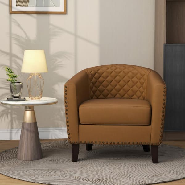 Modern Coffee Solid Wood Legs PU Leather Upholstered Accent Barrel Arm Chair With Nailhead Trim(Set of 1)