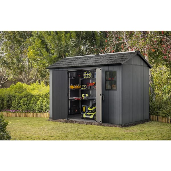 Newton 11 ft. W x 7.5 ft. D Durable Resin Plastic Storage Shed with Flooring Grey (82 sq. ft.)