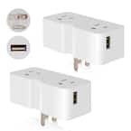 3 Prong Outlet Extender with 2 Type A USB Wall Charger, Plug Adapter (White, 2-Pack)