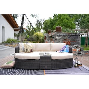 Sunny Brown 4-Piece Wicker Outdoor Daybed Sectional Set with Beige Cushions