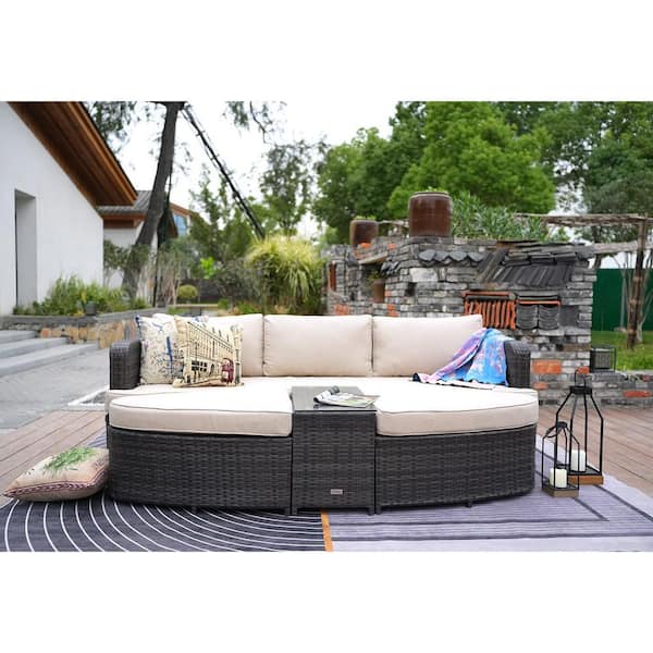 DIRECT WICKER Sunny Brown 4-Piece Wicker Outdoor Daybed Sectional Set with Beige Cushions