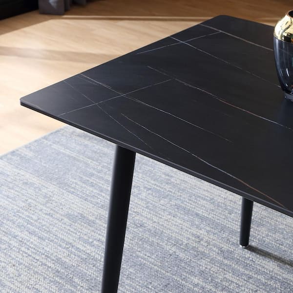 GOJANE 55.1 in. Rectangular Black Slate Stone Modern Dining Table for 4-6 People with Carbon Steel Legs (4-6 Seats)