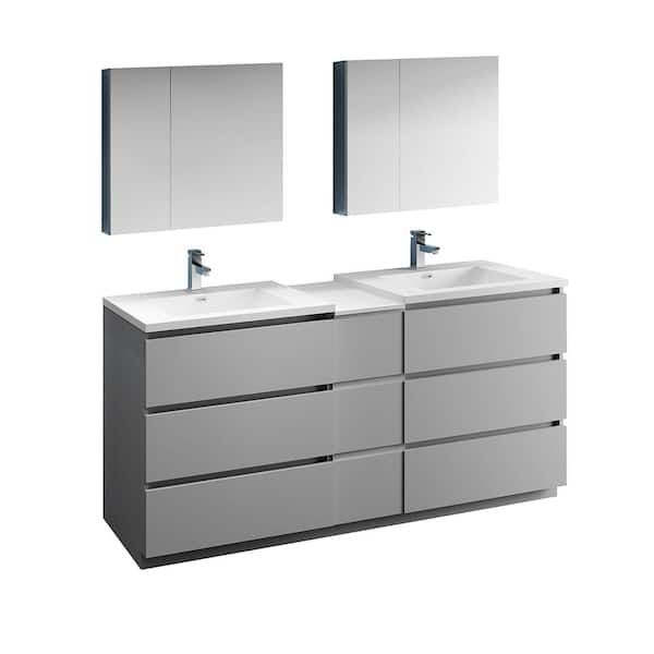 Fresca Lazzaro 72 in. Modern Double Bathroom Vanity in Gray with Vanity Top in White with White Basins and Medicine Cabinet