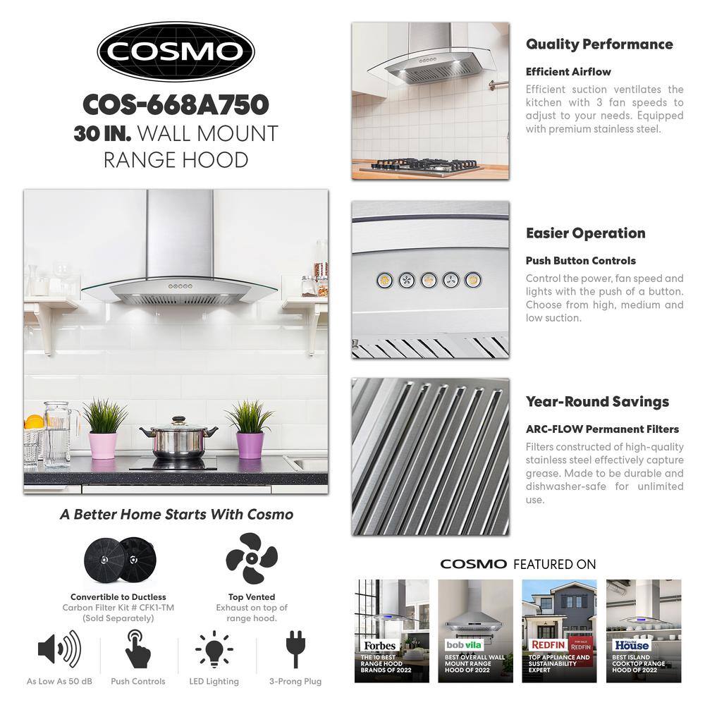 Cosmo 30" Stainless Steel Convertible Wall Mount Range Hood