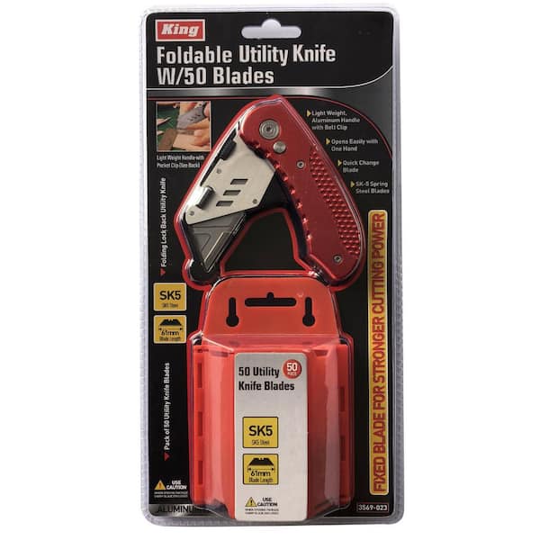 KING Foldable Utility Knife with Blade Holder and 50 Extra Blades