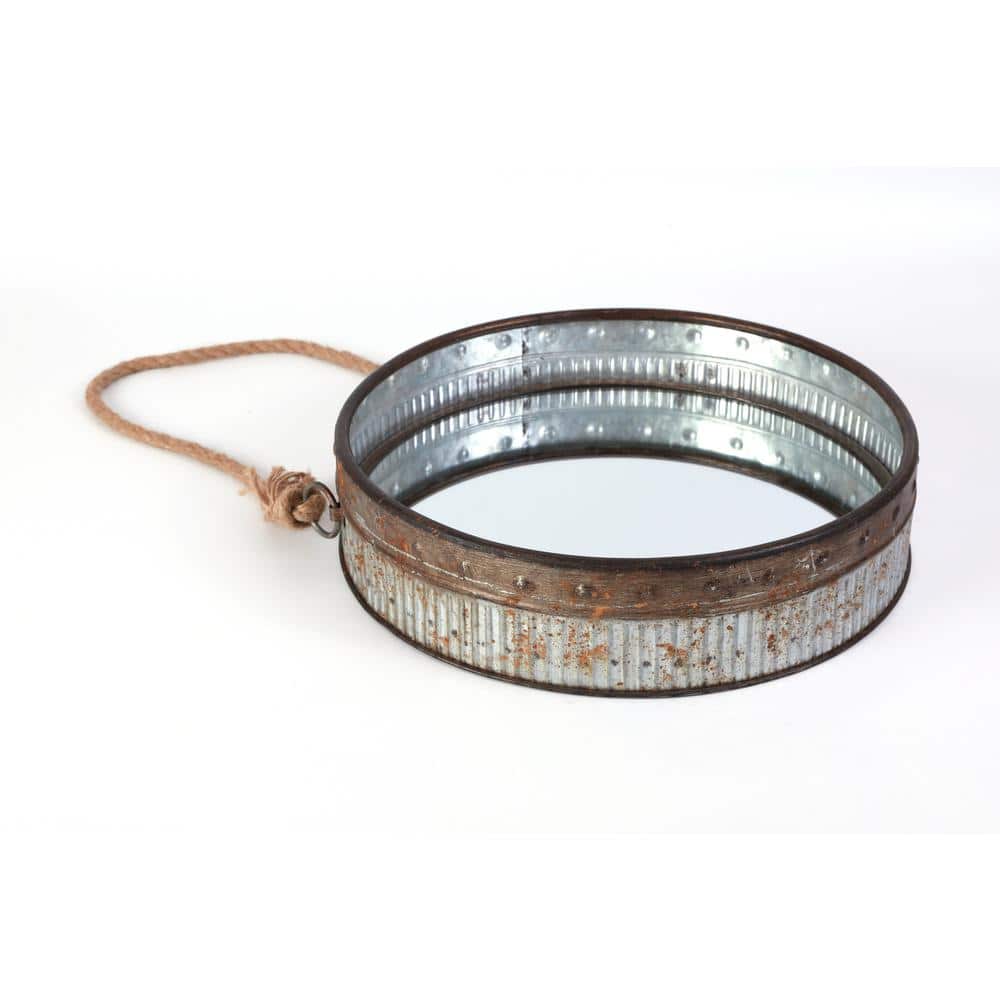 Rustic Galvanized Metal 16" Round Wall Mirror with Jute Rope