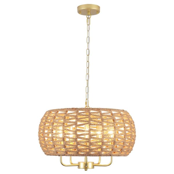 5-Light Gold Farmhouse Chandelier with Hand Woven Shade for Dining Room with no bulbs included